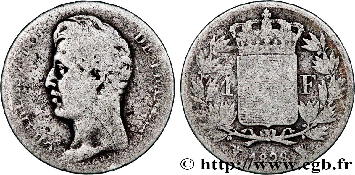 1 franc Charles X, matrice du revers à cinq feuilles 1828 Lille F.207/48 VG 