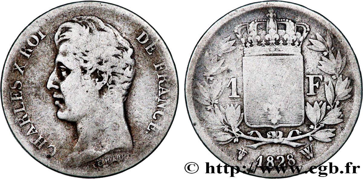 1 franc Charles X, matrice du revers à cinq feuilles 1828 Lille F.207/48 RC+ 