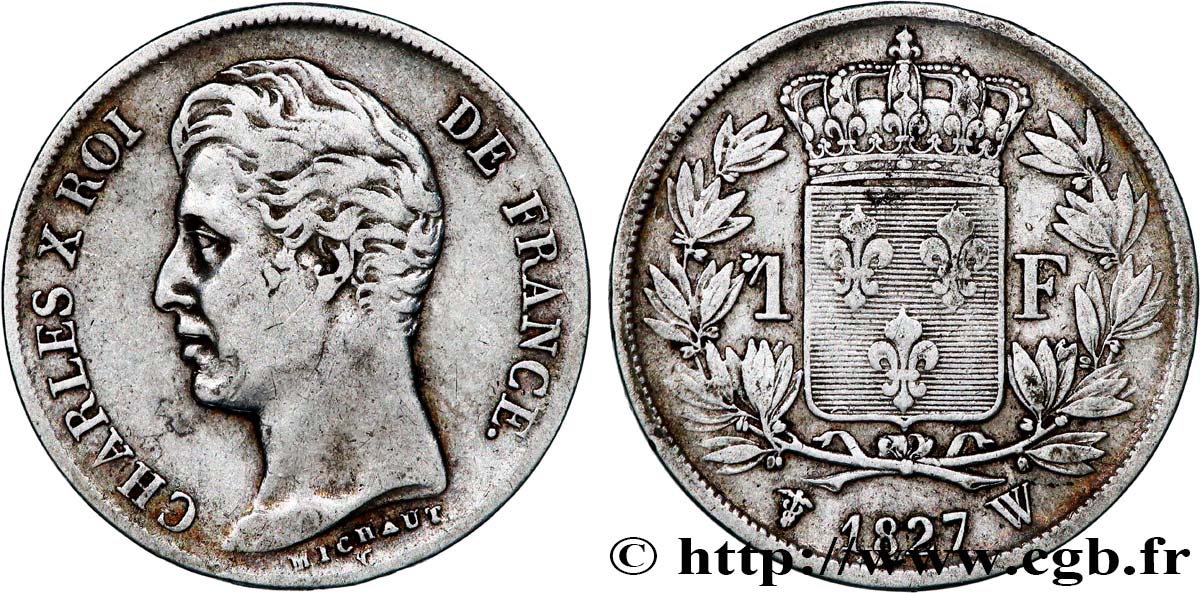 1 franc Charles X, matrice du revers à cinq feuilles 1827 Lille F.207/36 VF 