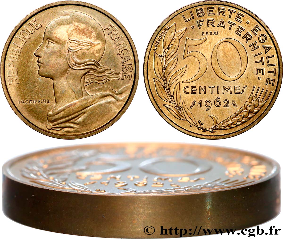 Essai-piéfort de 50 centimes Marianne 1962 Paris GEM.89 EP VZ62 