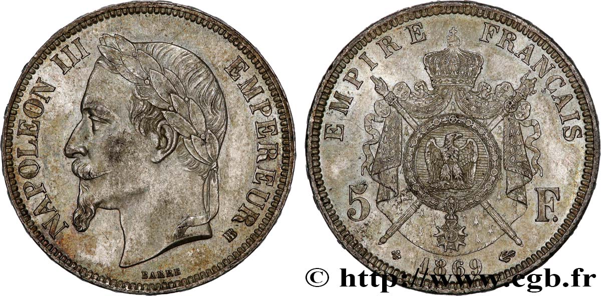 5 francs Napoléon III, tête laurée 1869 Strasbourg F.331/15 AU55 