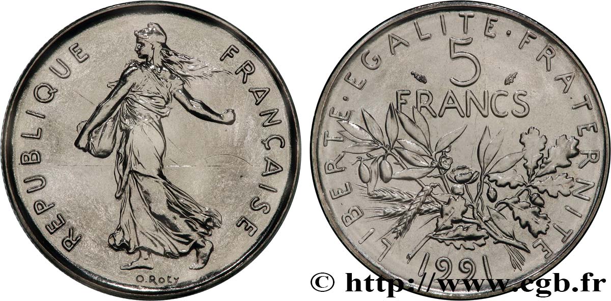 5 francs Semeuse, nickel, Brillant Universel, frappe médaille 1991 Pessac F.341/24 MS 