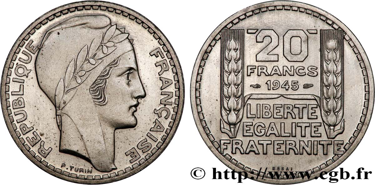 Essai-piéfort de 20 francs Turin nickel 1945  GEM.206 EP FDC65 