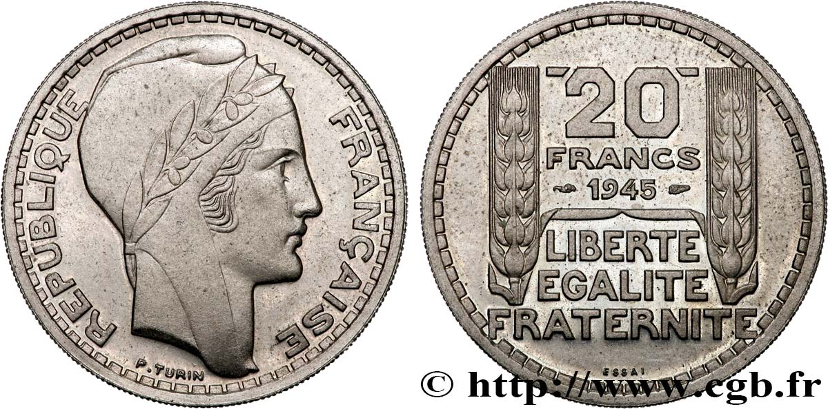 Essai de 20 francs Turin en cupro-nickel 1945 Paris GEM.206 1 MS64 