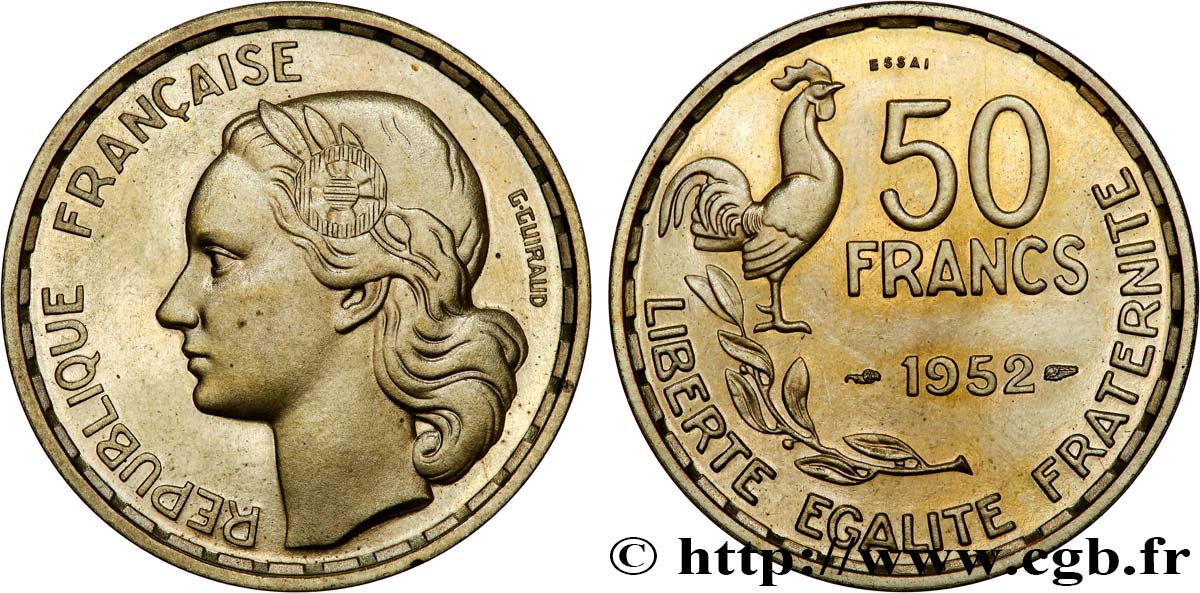 Essai-piéfort au double de 50 francs Guiraud 1952 Paris GEM.221 EP1 MS65 