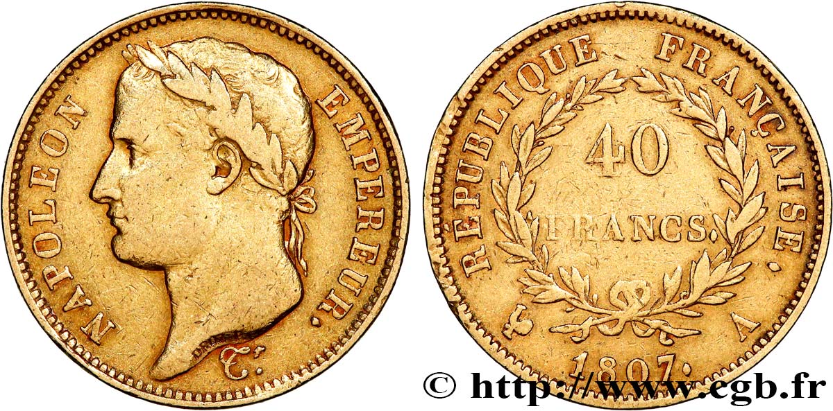 40 francs Napoléon Ier tête laurée, République française 1807 Paris F.540/1 TB+ 