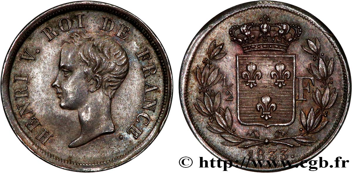 1/2 franc, buste juvénile 1833  VG.2713  SPL60 