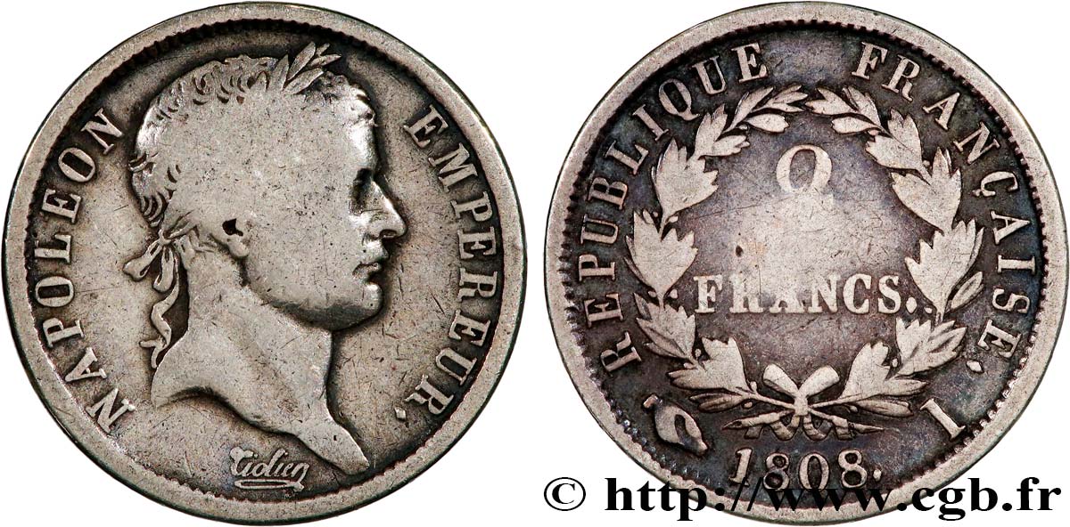 2 francs Napoléon Ier tête laurée, République française 1808 Limoges F.254/6 B 