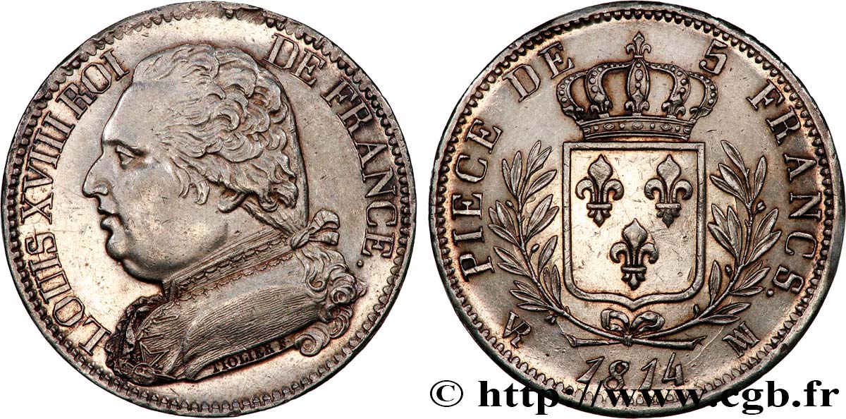 5 francs Louis XVIII, buste habillé 1814 Marseille F.308/10 AU 