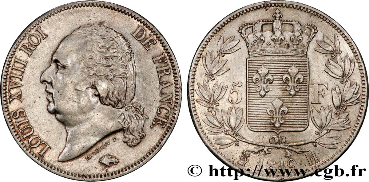 5 francs Louis XVIII, tête nue 1819 La Rochelle F.309/43 q.SPL 