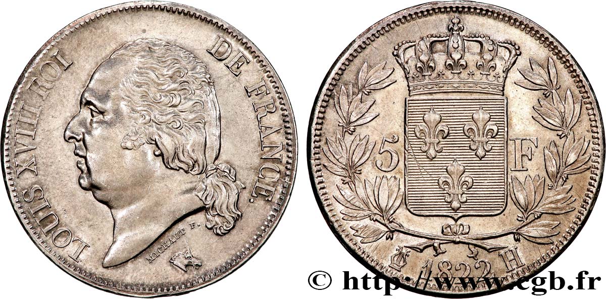 5 francs Louis XVIII, tête nue 1822 La Rochelle F.309/71 VZ 