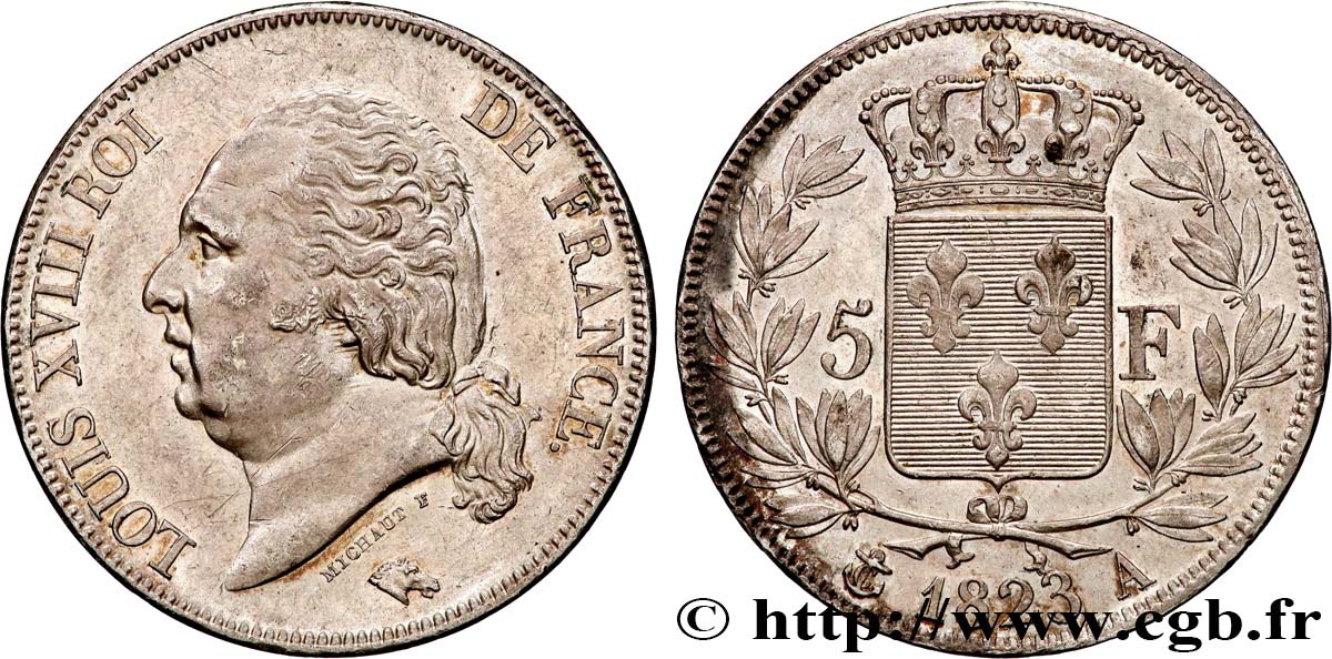 5 francs Louis XVIII, tête nue 1823 Paris F.309/76 MBC+ 
