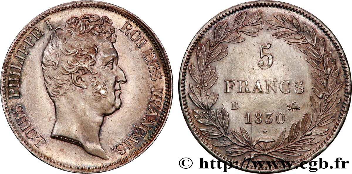 5 francs type Tiolier avec le I, tranche en creux 1830 Rouen F.315/2 SUP 