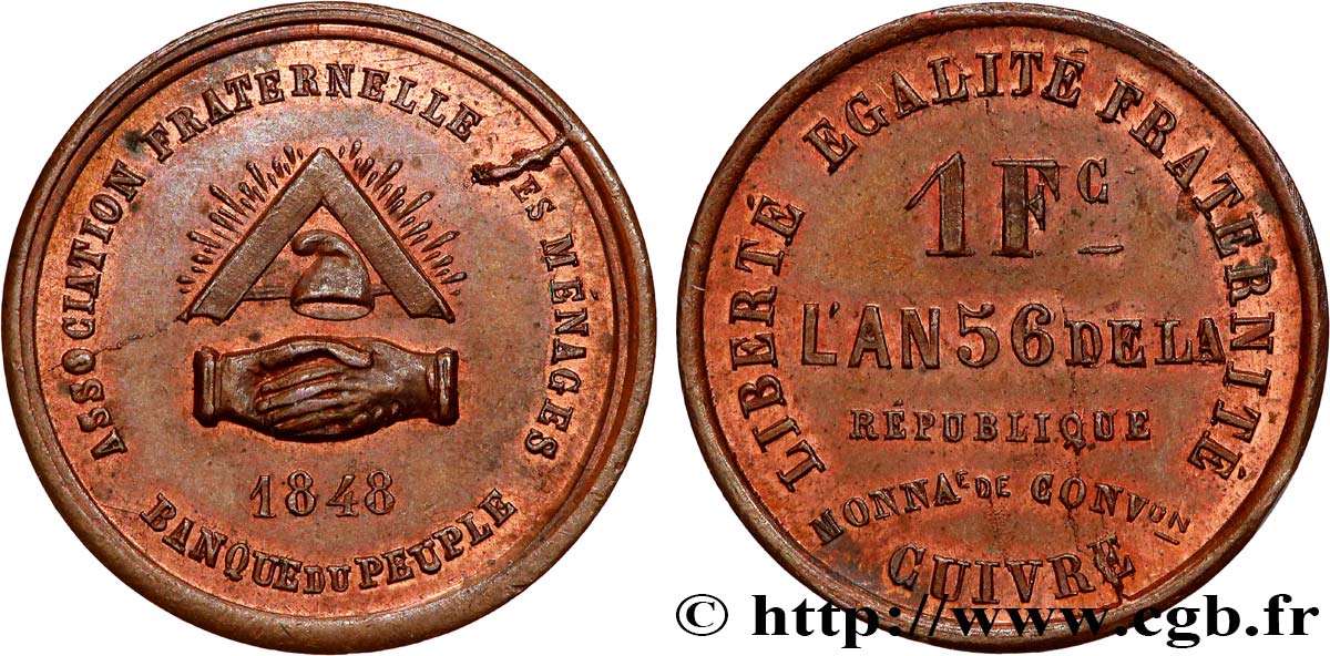 Essai de 1 franc, Banque du peuple 1848  VG.3214  SPL60 