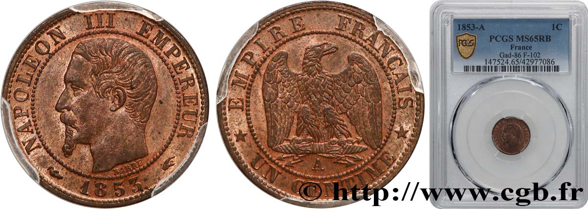 Un centime Napoléon III, tête nue 1853 Paris F.102/1 MS65 PCGS
