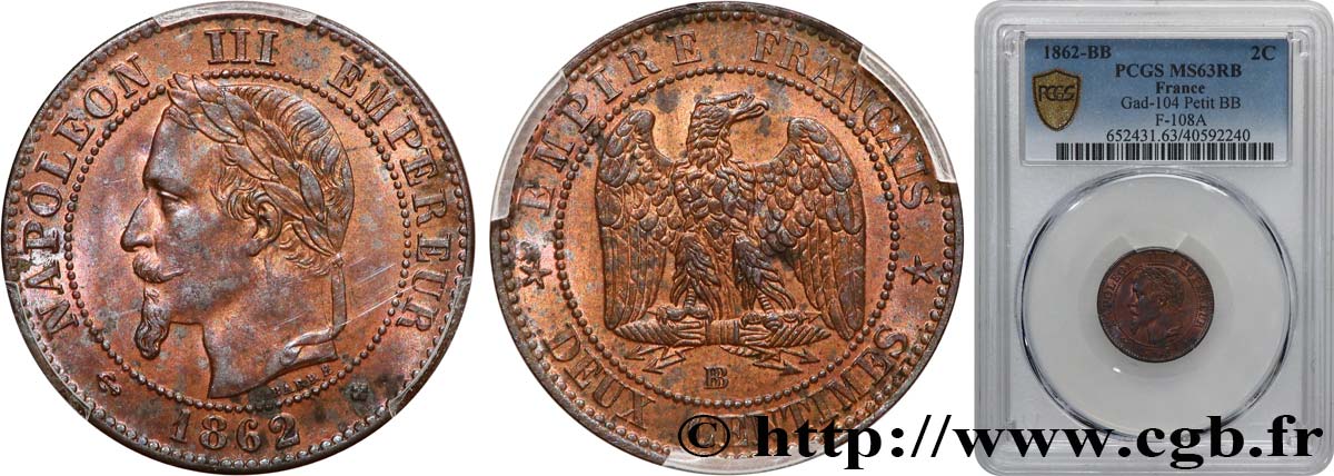 Deux centimes Napoléon III, tête laurée 1862 Strasbourg F.108A/5 SC63 PCGS
