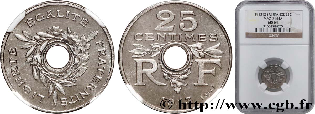 Essai de 25 centimes par Guis, petit module 1913 Paris GEM.71 3 SC64 NGC