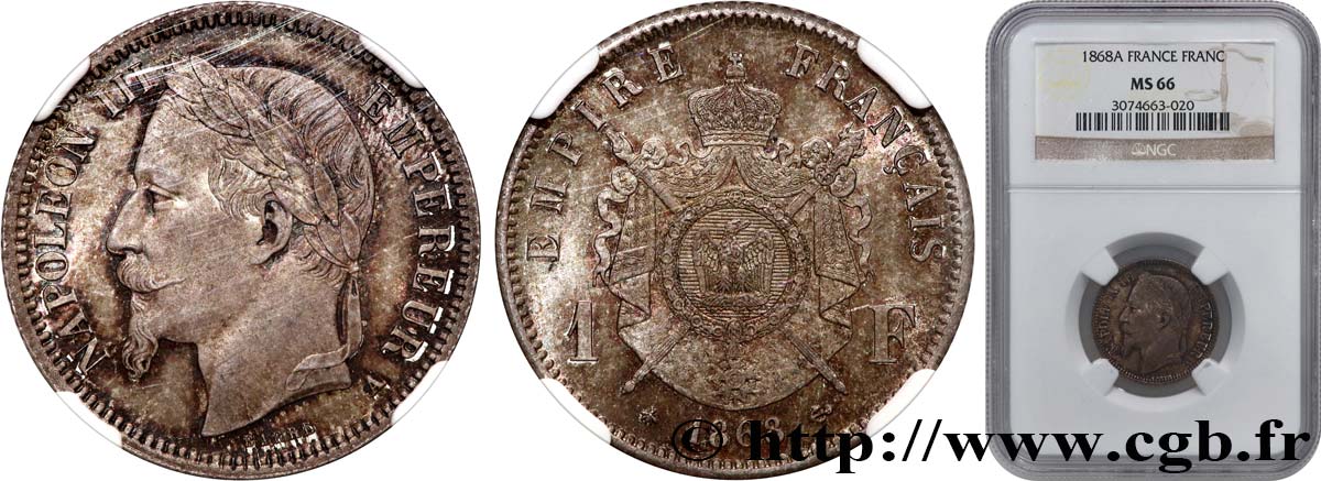 1 franc Napoléon III, tête laurée 1868 Paris F.215/10 ST66 NGC