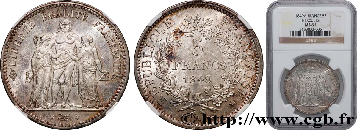 5 francs Hercule, IIe République 1849 Paris F.326/5 EBC61 NGC