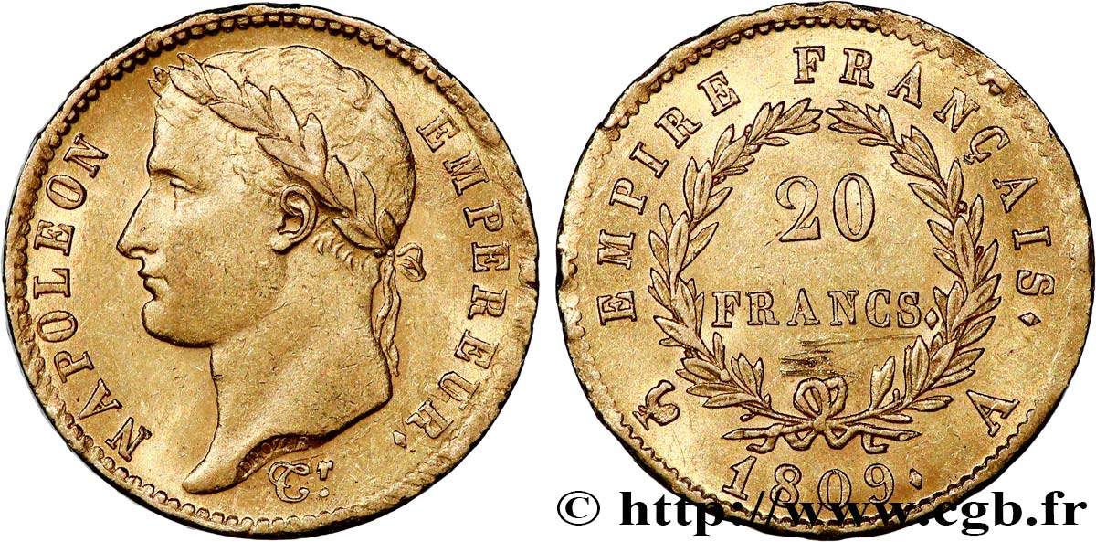 20 francs or Napoléon tête laurée, Empire français 1809 Paris F.516/1 q.SPL 