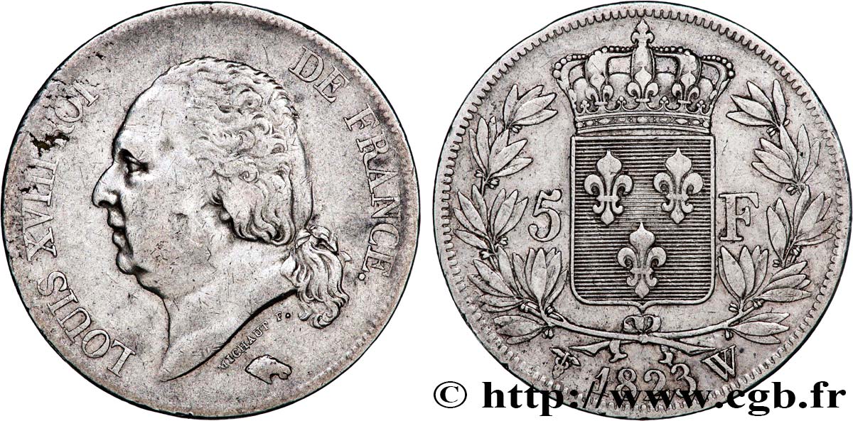 5 francs Louis XVIII, tête nue 1823 Lille F.309/87 BC 