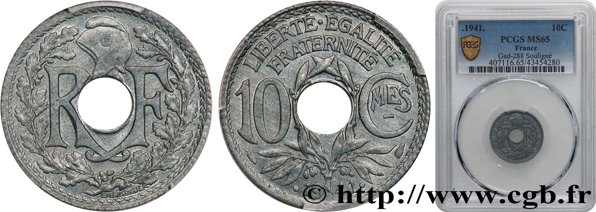 10 centimes Lindauer en zinc, Cmes souligné et millésime avec points 1941  F.140/2 FDC65 PCGS