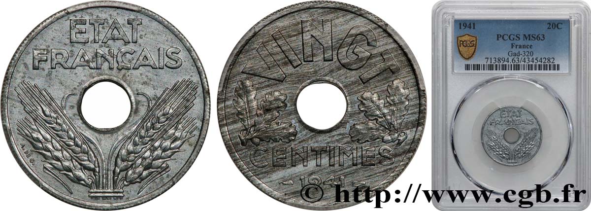 VINGT centimes État français 1941  F.152/2 MS63 PCGS