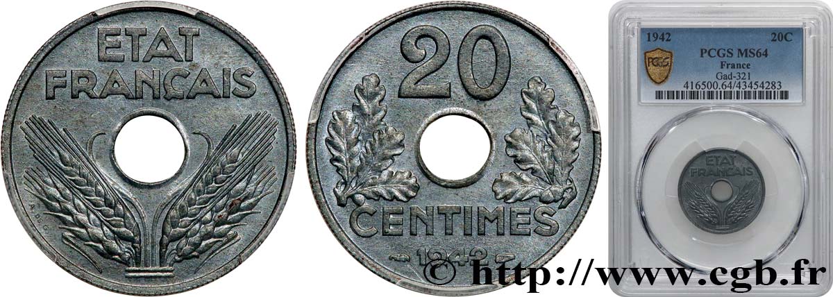 20 centimes État français, lourde 1942  F.153/4 SPL64 PCGS