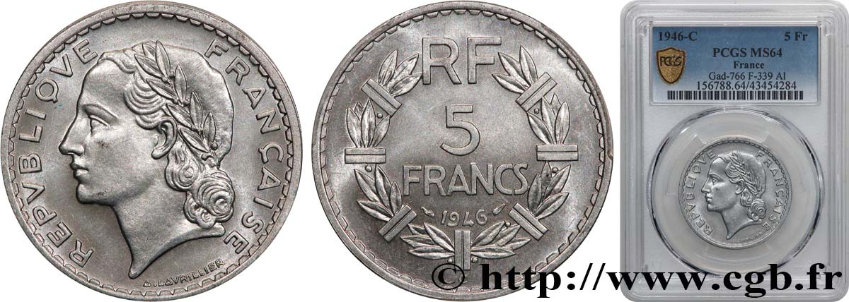 5 francs Lavrillier, aluminium 1946 Castelsarrasin F.339/8 MS64 PCGS