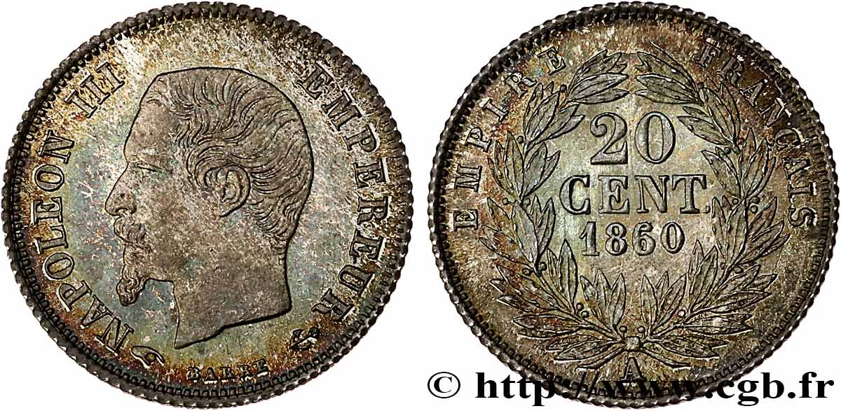 20 centimes Napoléon III, tête nue 1860 Paris F.148/13 SPL63 