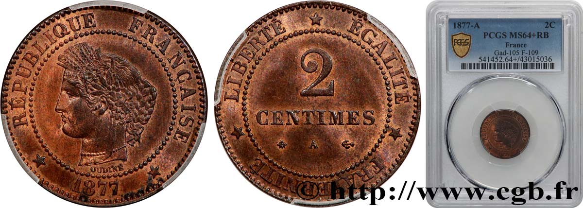 2 centimes Cérès 1877 Paris F.109/2 SPL64 PCGS