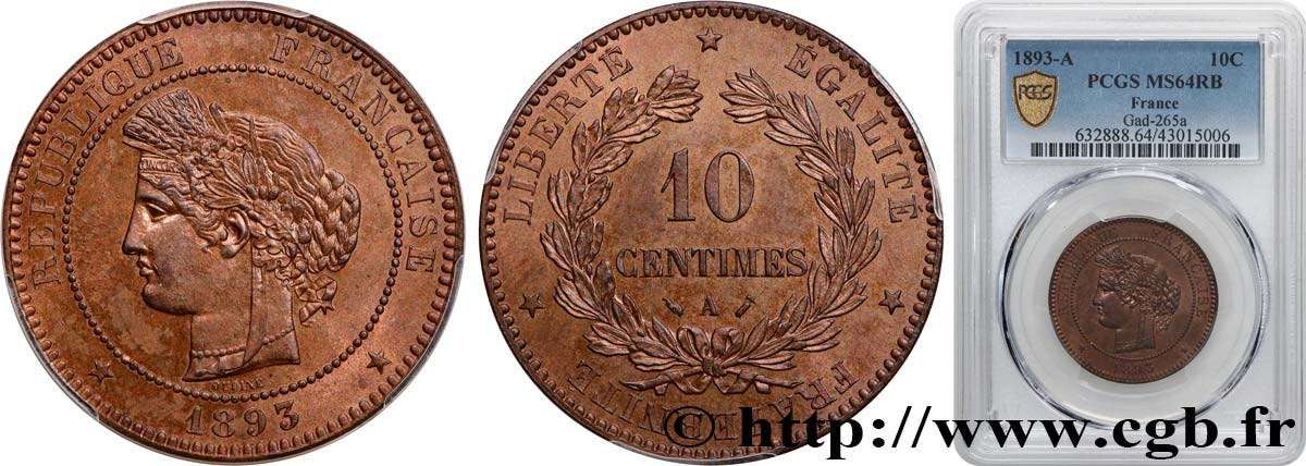 10 centimes Cérès 1893 Paris F.135/38 SC64 PCGS