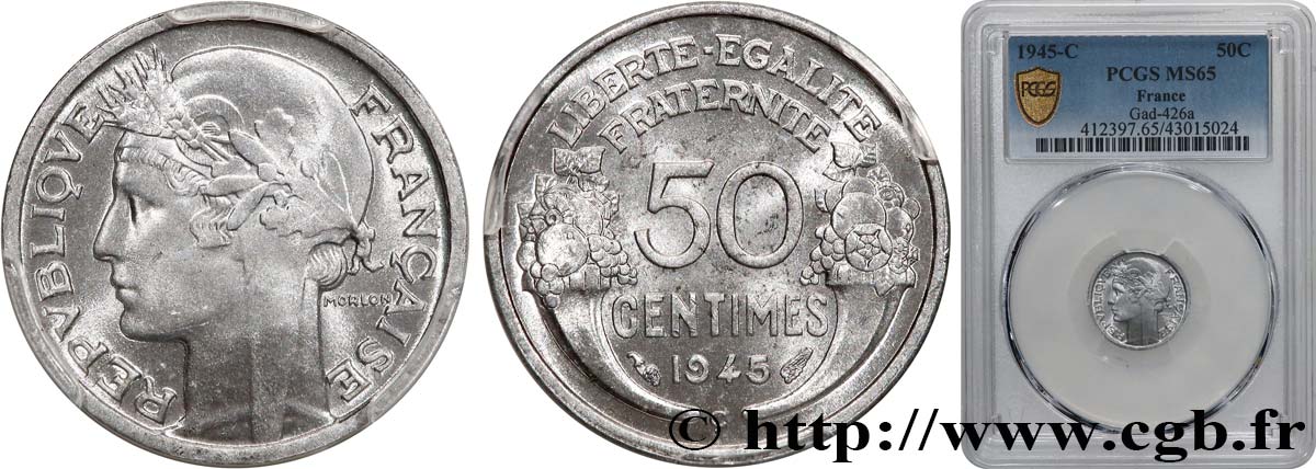 50 centimes Morlon, légère 1945 Castelsarrasin F.194/7 FDC65 PCGS