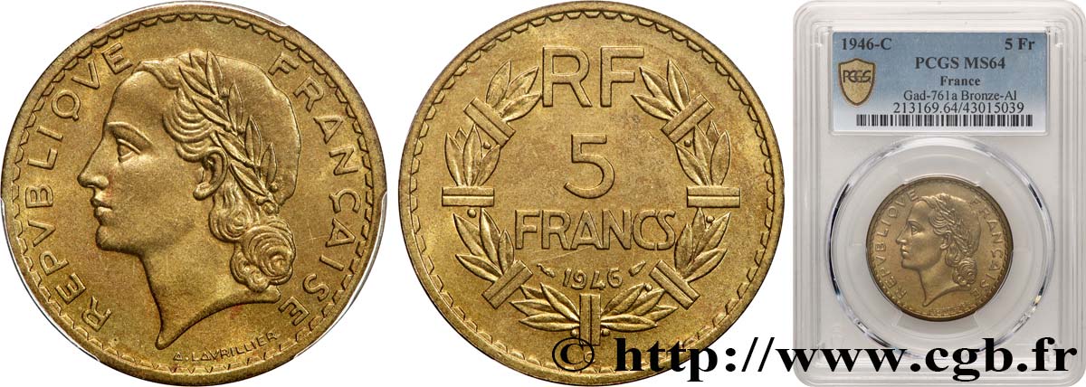 5 francs Lavrillier, bronze-aluminium 1946 Castelsarrasin F.337/8 MS64 PCGS