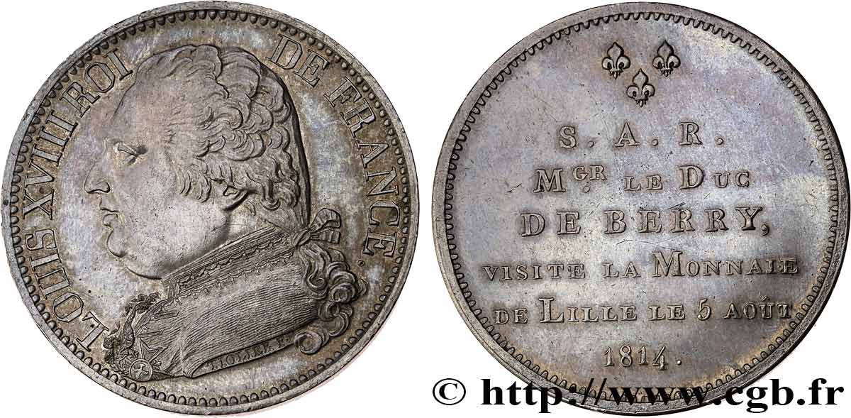 Monnaie de visite, module de 5 francs, pour le duc de Berry à la Monnaie de Lille 1814  VG.2371  AU58 
