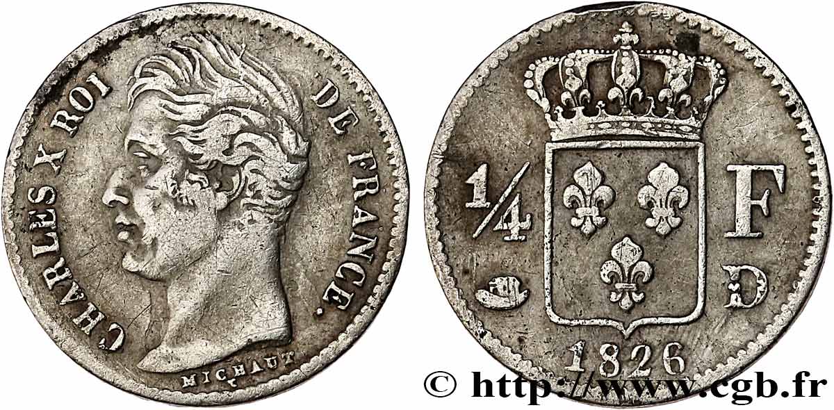 1/4 franc Charles X 1826 Lyon F.164/4 TB 