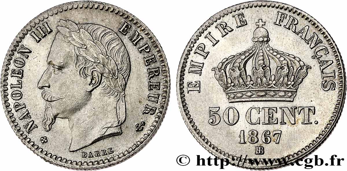 50 centimes Napoléon III, tête laurée 1867 Strasbourg F.188/15 SC63 