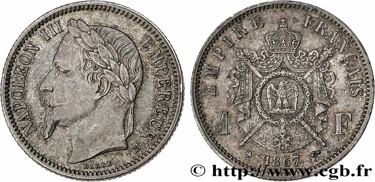 1 franc Napoléon III, tête laurée, grand BB 1867 Strasbourg F.215/6 TTB50 