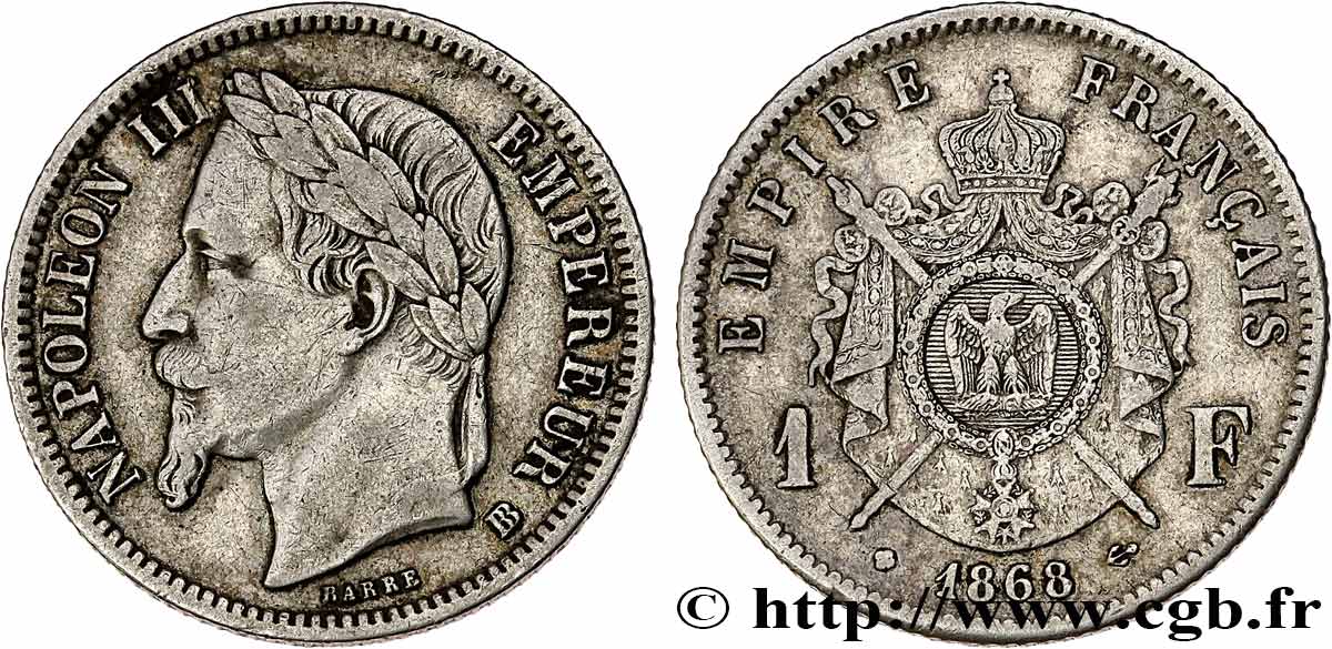 1 franc Napoléon III, tête laurée, Grand BB 1868 Strasbourg F.215/12 BC 
