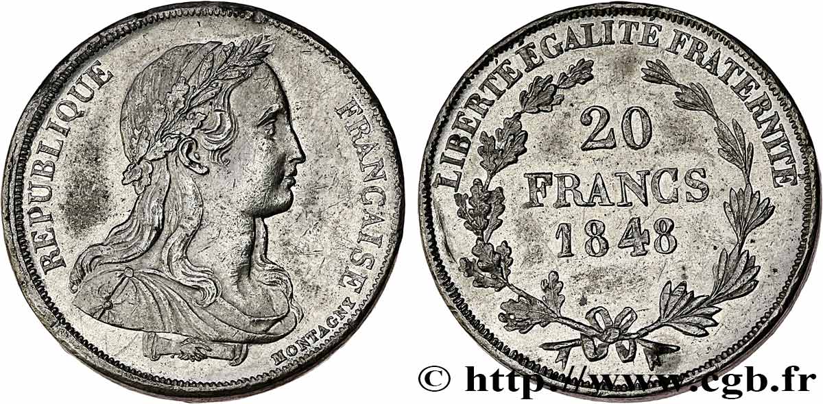 Concours de 20 francs, essai de Montagny, buste habillé 1848 Paris VG.3033 var SUP/TTB 
