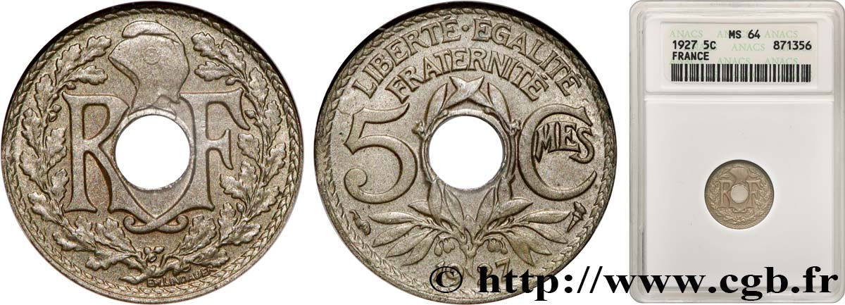5 centimes Lindauer, petit module 1927  F.122/12 SC64 ANACS