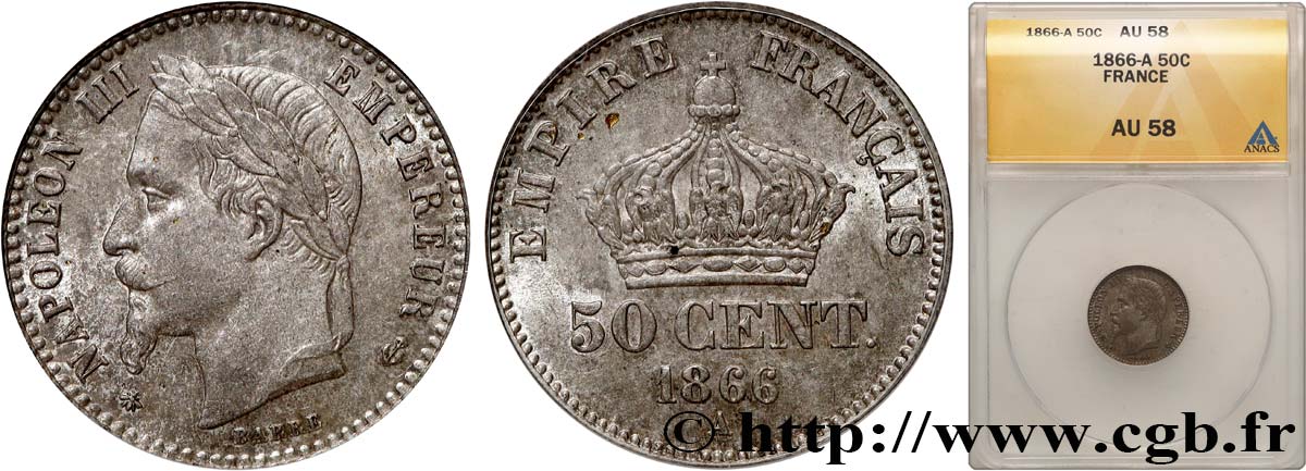 50 centimes Napoléon III, tête laurée 1866 Paris F.188/9 VZ58 ANACS