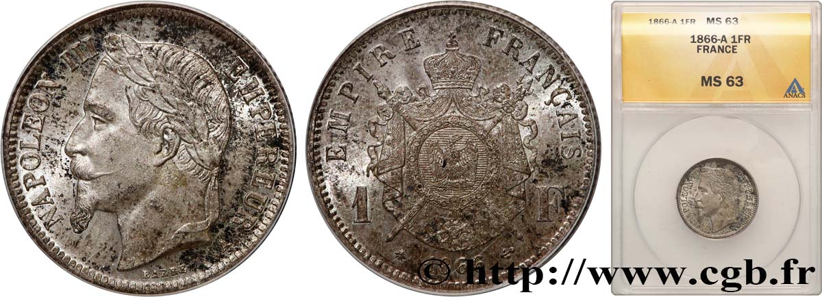 1 franc Napoléon III, tête laurée 1866 Paris F.215/3 SPL63 ANACS