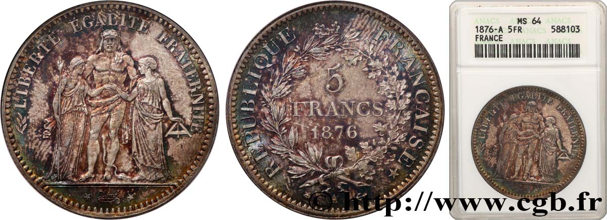 5 francs Hercule 1876 Paris F.334/17 MS64 ANACS