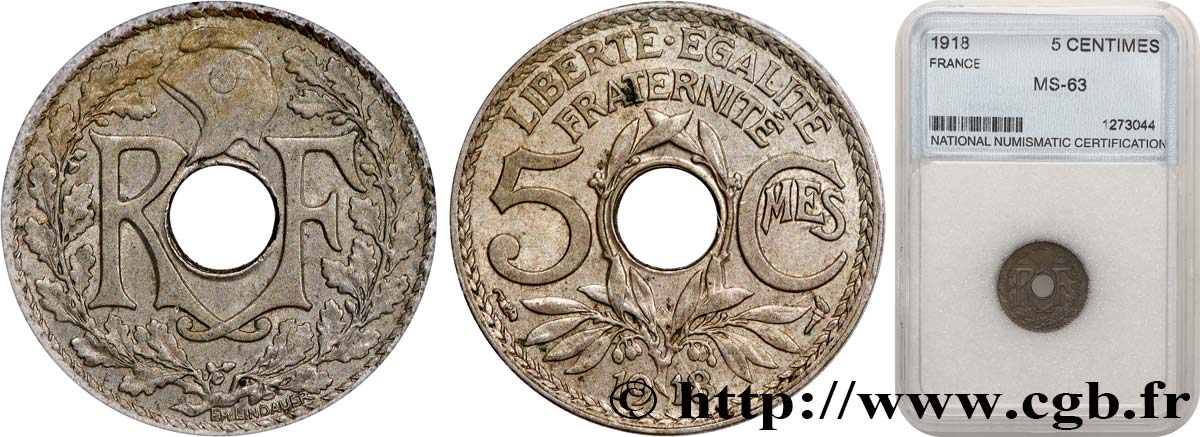 5 centimes Lindauer, grand module 1918 Paris F.121/2 AU58 autre