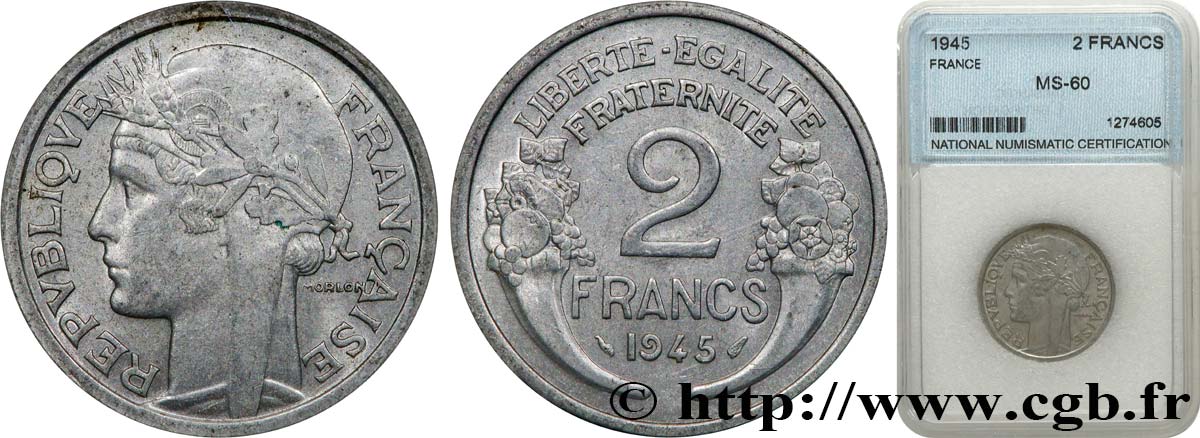 2 francs Morlon, aluminium 1945  F.269/5 SUP60 autre