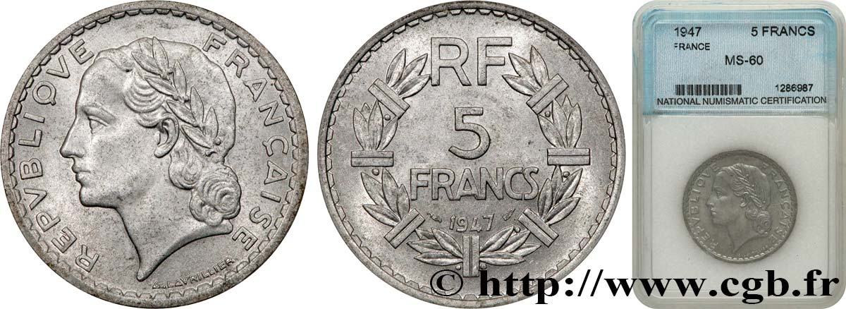 5 francs Lavrillier, aluminium 1947  F.339/10 MS60 autre