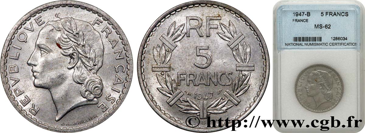 5 francs Lavrillier, aluminium 1947 Beaumont-Le-Roger F.339/11 SUP autre