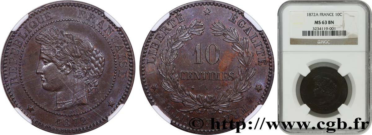 10 centimes Cérès 1872 Paris F.135/8 MS63 NGC