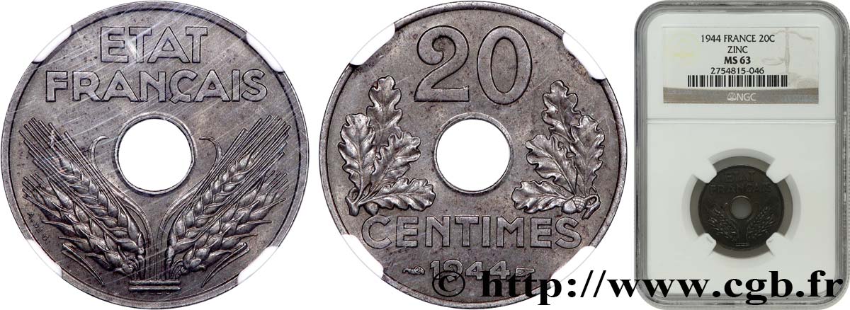 20 centimes État français, légère 1944  F.153A/2 SPL63 NGC